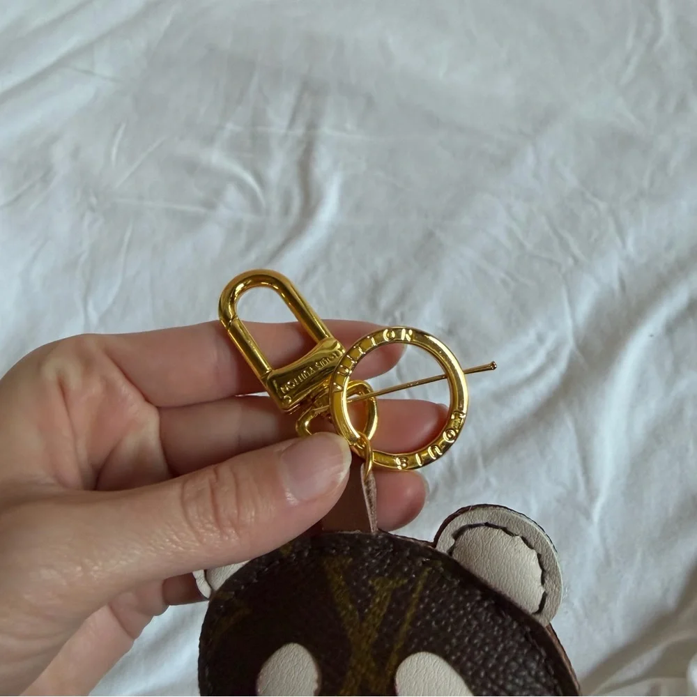 Louis Vuitton Upcycled Bag Charm Keychain Brown Monogram Panda Bear Head Gold - Picture 2 of 3